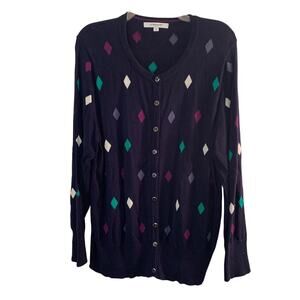 FOXCROFT NYC Women’s Navy with Colored Diamonds Button Down Cardigan / Size: 1X